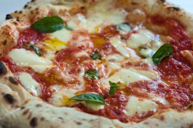 Neapolitan Gateau pizzası, beşamel soslu, ahşap masadaki unlu patatesler.