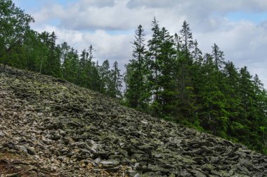 Yamaçtaki yeşil taşlar, volkanik kayalar, ay manzarası. Khomyak Dağı, Karpat Dağları, Ukrayna