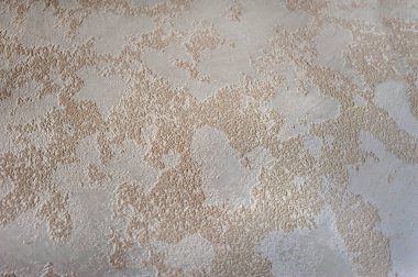 Venedik dekoratif alçı, derin oluklu rahatlama dokusu. Gri-bej yüzey, mat ve parlak alanlarla tekdüze olmayan desen, doğal taşın etkisini yaratıyor veya yıpranmış bir duvarın yakın plan görüntüsü, dünya haritaları.