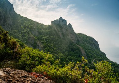 Golfo Paradiso Körfezi, Portofino Parkı, Cenova, Liguria Sahili, İtalya 'daki dağların tepesindeki kayalara bakın.