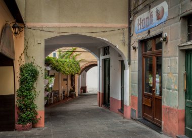 16 Temmuz 2013 Camogli, Liguria, İtalya - Bu kıyı kasabasının geleneksel renkli mimarisi ve sahil limanındaki balıkçı tekneleri