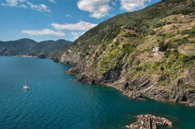 Turkuaz sularda yalnız bir yatı, Cinque Terre, İtalya 'nın yamaçlarında yeşil terasları olan sahil.