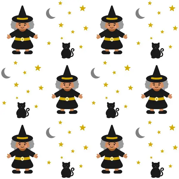 Cadılar Bayramı 'nda cadılar ve kara kedilerle kusursuz bir şablon. Beyaz arkaplanda tekrarlanabilir tasarım.