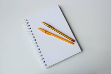 Boş bir kâğıt sarmal defterin üstünde iki altın top kalemi. Renk kırtasiyesi, yaratıcı yazı, yazarlık, çizim dersi, okula dönüş konsepti..
