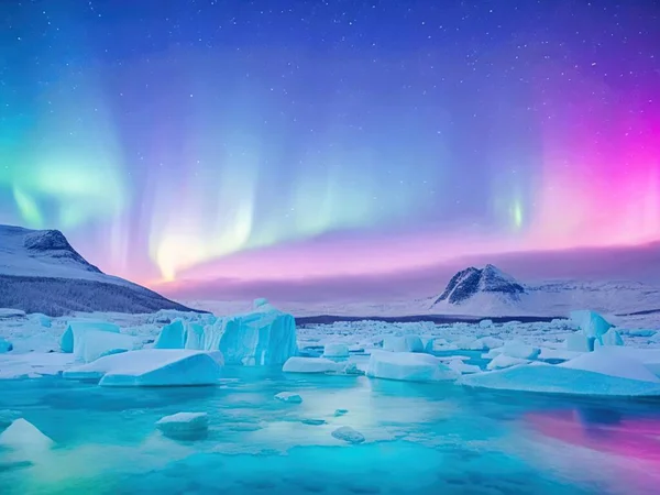 Jokulsarlon Lagoa Glacial Com Exibição Aurora Borealis Northern Lights Jokulsarlon — Fotografia de Stock