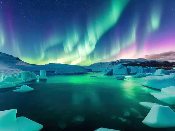 Norrsken Aurora Borealis Ovanför Glaciärlagunen Och Vatnajoekullsglaciären Vatnajoekull Nationalpark Island — Stockfoto