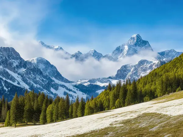 Karla kaplı tepeleri ve kozalaklı ormanı olan dağ manzarası, Dolomitler, İtalya.