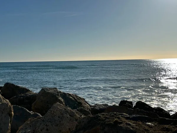 Beau Coucher Soleil Reflet Dans Mer Méditerranée Espagne Avec Ciel — Photo