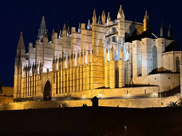 stock image Cathedral and streets of spain at night with illumination to the old infrastructure