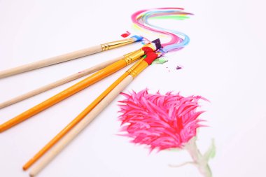 Brushes with paint of various colors red blue yellow green purple on a white background