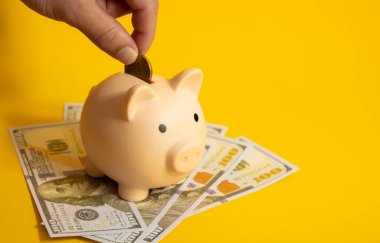 Erkek el, 100 doların üzerinde parayı izole edilmiş sarı arka plan, finans ve tasarruf konseptine yatırıyor.