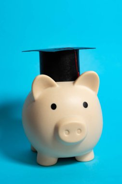 Mavi izole bir zemin üzerinde havan panosu olan domuz kumbarasının dikey görüntüsü. Üniversite için para biriktirme kavramı.