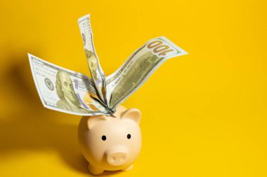 top view of piggy bank filled with hundred dollar bills coming out of it on yellow background with copy space, savings and economy concept clipart