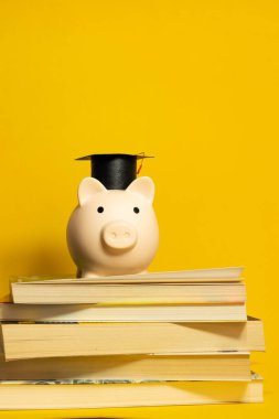 Yığılmış kitapların üzerinde sarı izole edilmiş arka plan, üniversite tasarruf konsepti olan havan tahtasıyla domuz kumbarasının dikey görüntüsü