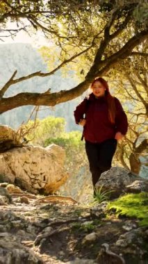 Neşeli maceraperest kadının dağdaki ağaçlarla kayalık yolda yürüdüğü, güneşli bir günde keşfettiği dikey video.