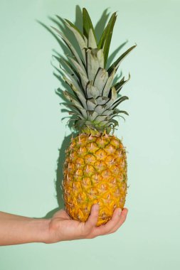Açık yeşil arka planda ananas tutan bir erkeğin dikey görüntüsü, hoş kokulu ve tatlı tropikal meyve