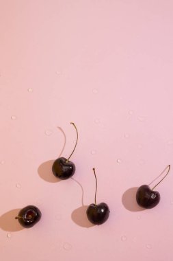 Pembe arka planda taze kiraz manzarası, küçük kırmızı yuvarlak meyve.