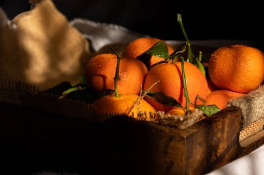 Yeni toplanmış mandalinalar, kırsal bir ahşap tepside, karanlık bir zemin üzerinde sabah güneşiyle pencereden aydınlatılıyor. Kara yemek.