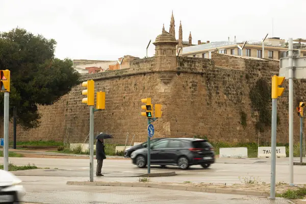 Palma de Mallorca, İspanya - 4 Mart 2025 - Majorcan kültür mirası alanı Prens 'in Kalesi' nin duvarının manzarası