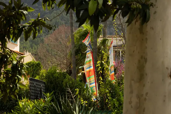 Güneşli bir günde, dağların yanında doğayla çevrili solcu köyünde renkli bayraklar.