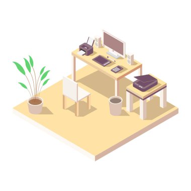 Isometric masa, modern iş yeri illüstrasyonu      