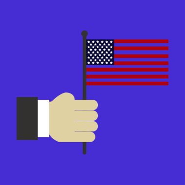 Mavi arka planda erkek ve Amerikan bayrağının yakın plan görüntüsü  