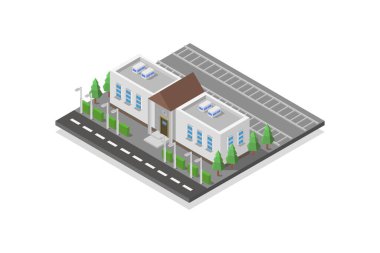 Yeşil ağaçlı izometrik bina