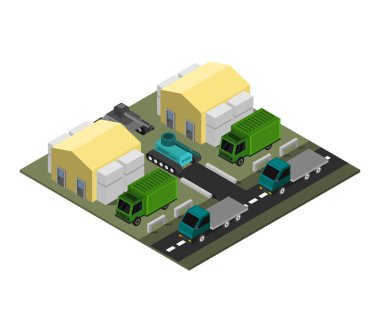Kamyonlu izometrik depo binaları, vektör illüstrasyonu basit tasarım 