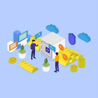 İş adamlarının izometrik vektör konsepti. düz tasarım, web afişi, iniş sayfası, web sitesi.