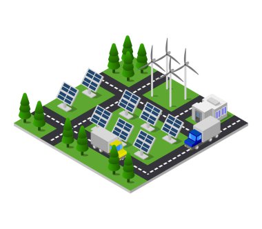 Beyaz zemin üzerinde modern güneş panelleri ve yel değirmenleri, ekoloji kavramı