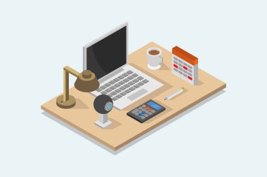 Isometric masa, modern iş yeri illüstrasyonu      
