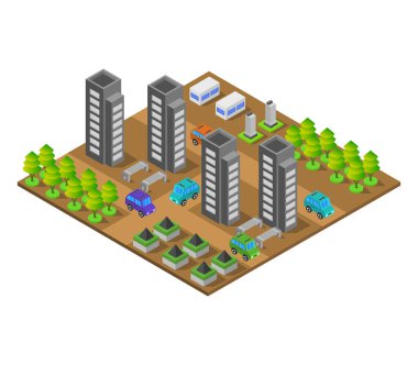 Modern şehir binaları izometrik vektör çizimi.         