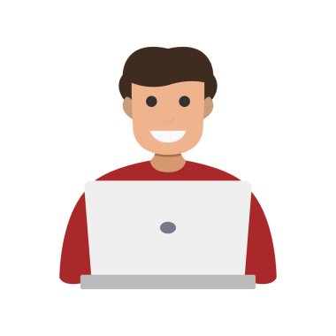 Genç adam beyaz arka planda iş yerinde dizüstü bilgisayar kullanıyor