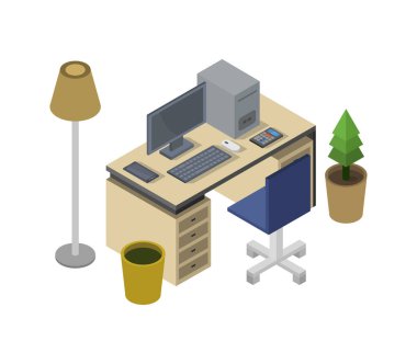 Isometric masa, modern iş yeri illüstrasyonu      