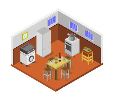 Beyaz arkaplanda izometrik mutfak çizimi