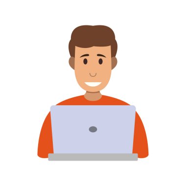 Genç adam beyaz arka planda iş yerinde dizüstü bilgisayar kullanıyor