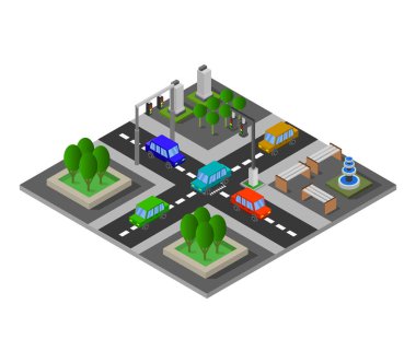 Arabaları ve parkı olan bir şehir caddesi.
