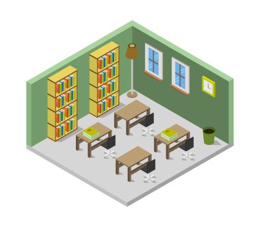 pek çok kitapla birlikte kütüphane odası içi, vektör illüstrasyonu