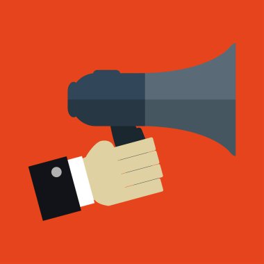 Arka planda el ele megafon simgesi, illüstrasyon    