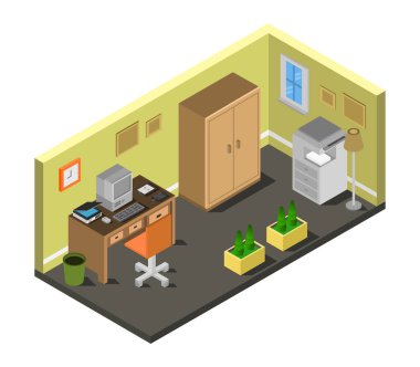 İzometrik biçim ofis odasının vektör çizimi