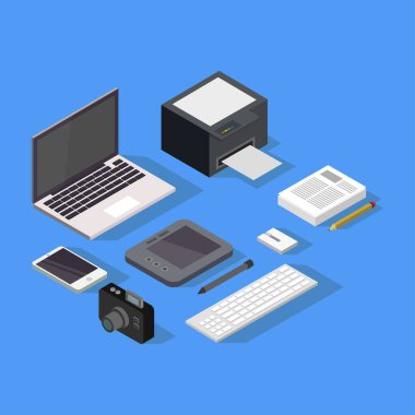 Mavi arkaplanda izometrik ofis ekipmanı