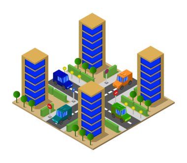 Modern şehir binaları izometrik vektör çizimi.         