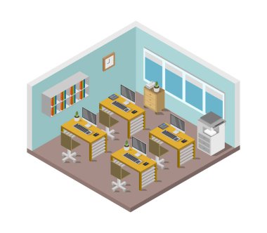 Beyaz arkaplanda ofis odası izometrik biçim çizimi