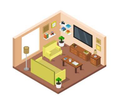 İç mekan - oda, izometrik manzara. 3d oluşturma. 