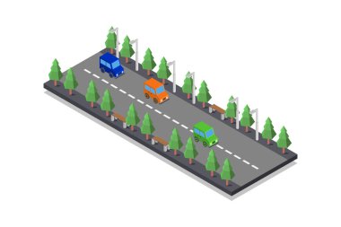 izometrik vektör çizimi, yol ve ağaçlı arabalar