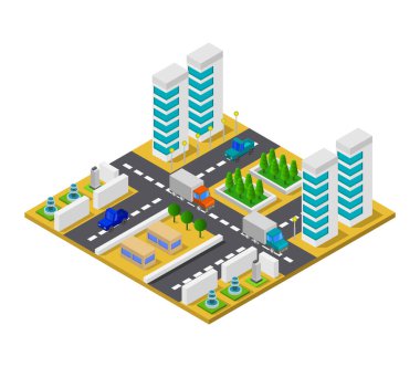 Modern şehir binaları izometrik vektör çizimi.         