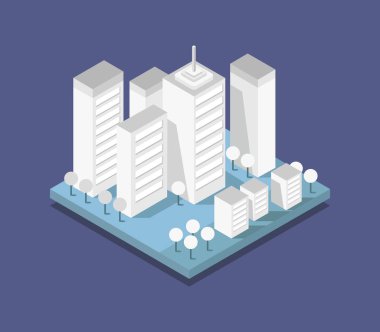 Modern şehir binaları izometrik vektör çizimi.         