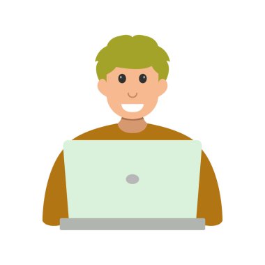 Genç adam beyaz arka planda iş yerinde dizüstü bilgisayar kullanıyor