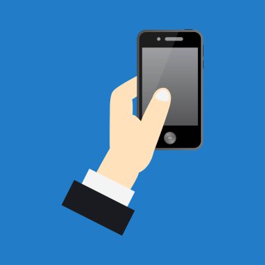el ele tutuşan modern akıllı telefon simgesi mavi arkaplanda