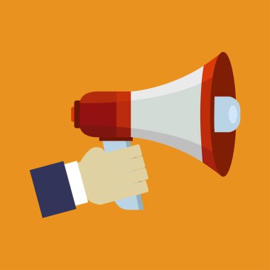 Arka planda el ele megafon simgesi, illüstrasyon    